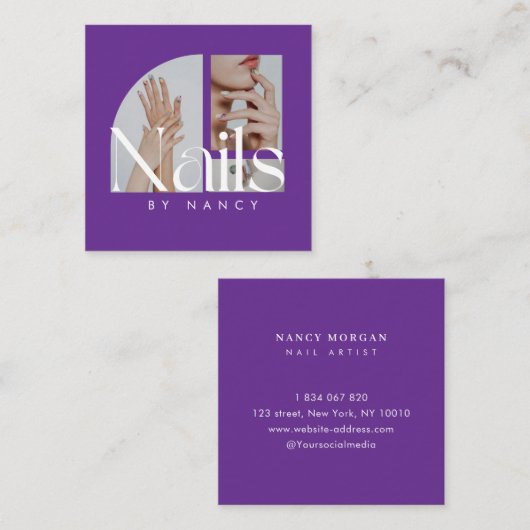Nails Fotocollage Paarse Vierkante Visitekaartje (Voorkant / Achterkant)