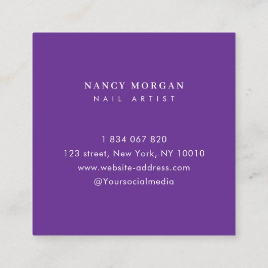 Nails Fotocollage Paarse Vierkante Visitekaartje (Achterkant)