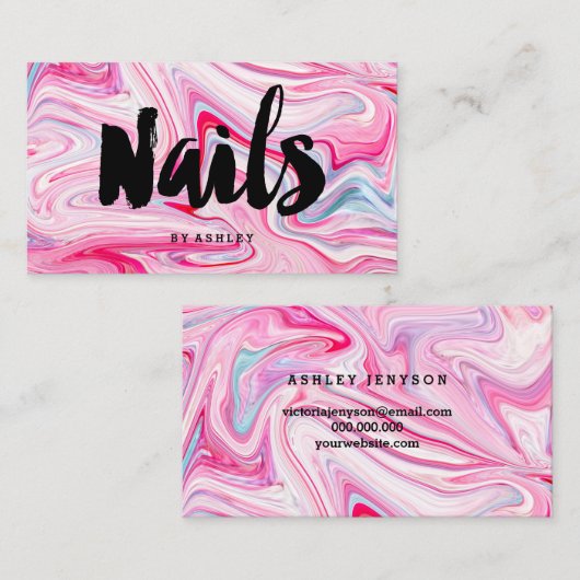 Nails kunstenaar moderne typografie roze marmer visitekaartje (Voorkant / Achterkant)