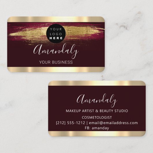 Nails Makeup Stylist Gold Burgundy Strokes Logo Visitekaartje (Voorkant / Achterkant)