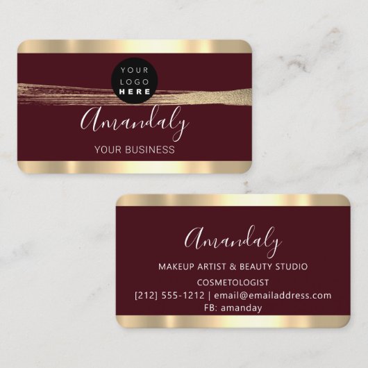 Nails Makeup Stylist Gold Maroon Stroke Logo Visitekaartje (Voorkant / Achterkant)
