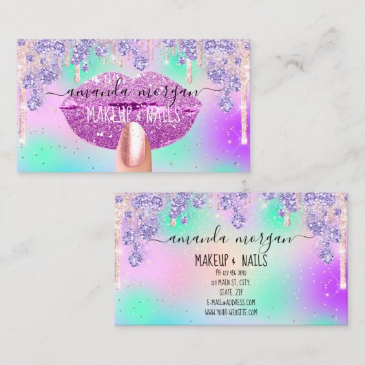 Nails Manicure Makeup Holograaf Lips Glitter Blue Visitekaartje (Voorkant / Achterkant)