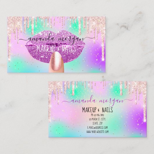 Nails Manicure Makeup Holograaf Lips Glitter Pinky Visitekaartje (Voorkant / Achterkant)