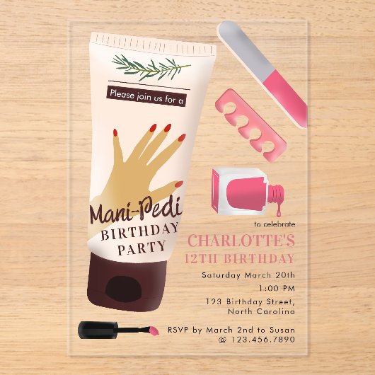 Nails Manicure Pedicure Mani Pedi Girls Birthday Acryl Uitnodigingen (Voorkant)