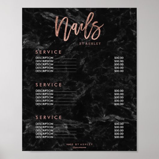 Nails roos gouden script zwarte marmerprijslijst poster (Voorkant)