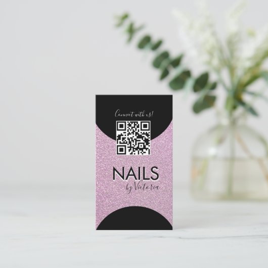 Nails Salon Beauty Artist QR code Faux Glitter Visitekaartje (Staand voorkant)