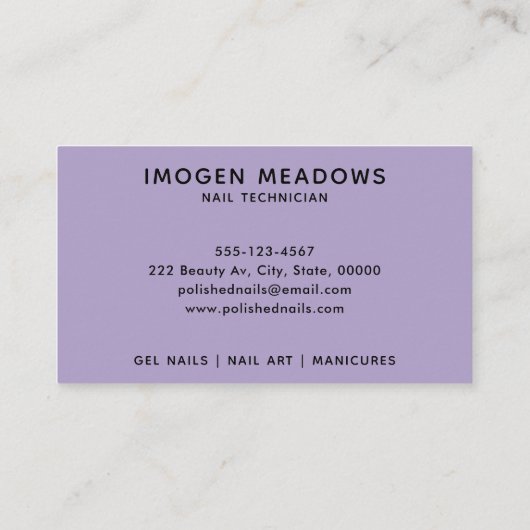Nails Script Calligraphy Paars Professional Visitekaartje (Achterkant)