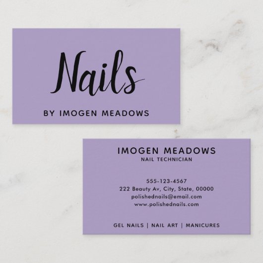 Nails Script Calligraphy Paars Professional Visitekaartje (Voorkant / Achterkant)