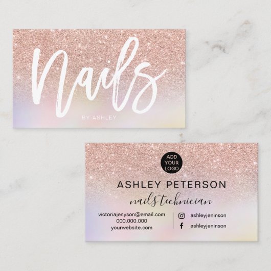Nails script roos goud glitter chic holographic visitekaartje (Voorkant / Achterkant)