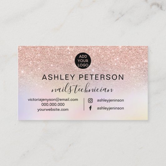 Nails script roos goud glitter chic holographic visitekaartje (Achterkant)