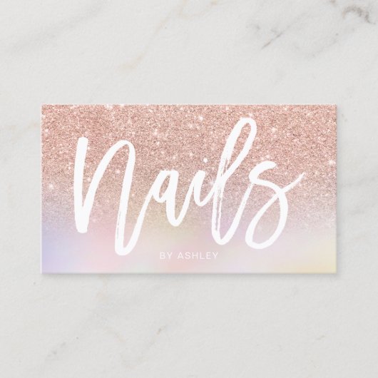 Nails script roos goud glitter chic holographic visitekaartje (Voorkant)