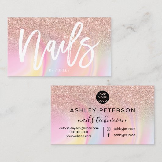 Nails script roos goud glitter chic marmer visitekaartje (Voorkant / Achterkant)