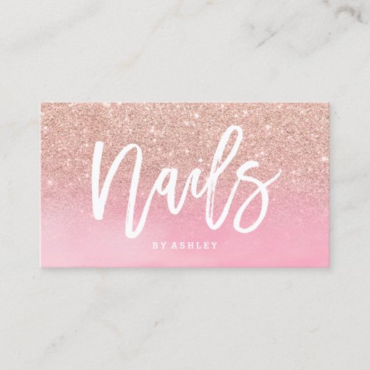 Nails script roos goud glitter roze waterverf visitekaartje (Voorkant)