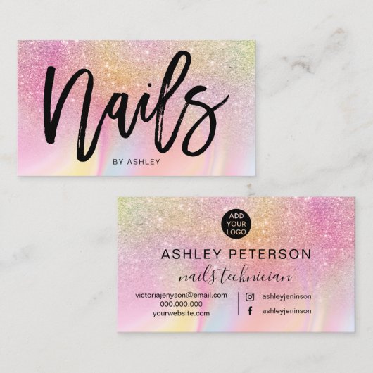 Nails script roze regenbooglitter chic marmer visitekaartje (Voorkant / Achterkant)