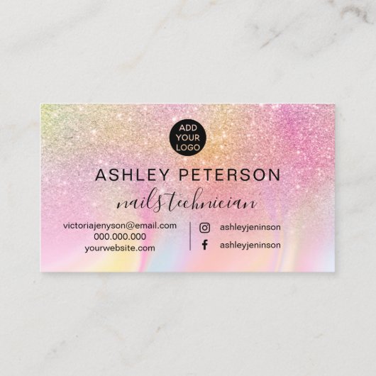 Nails script roze regenbooglitter chic marmer visitekaartje (Achterkant)