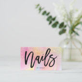 Nails script roze regenbooglitter chic marmer visitekaartje (Staand voorkant)