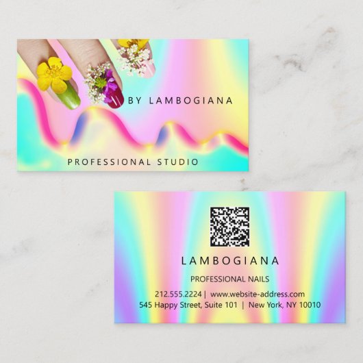 Nails Studio Logo Holograaf QR Code Modern Visitekaartje (Voorkant / Achterkant)