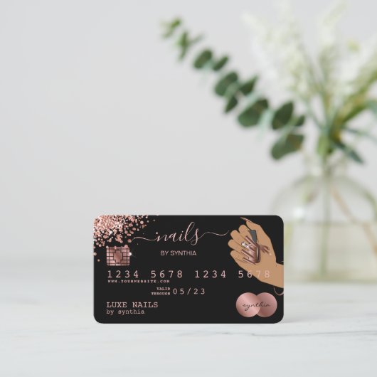 Nails Technicus Creditcard styled Roos Gold Drip Visitekaartje (Staand voorkant)