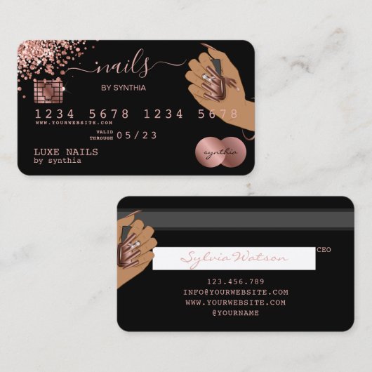 Nails Technicus Creditcard styled Roos Gold Drip Visitekaartje (Voorkant / Achterkant)