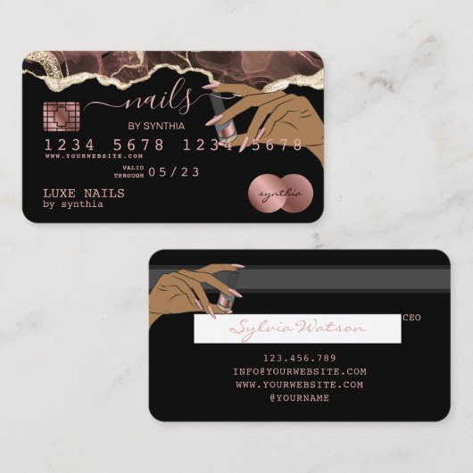 Nails Technicus Creditcard styled Roos Gold Drip Visitekaartje (Voorkant / Achterkant)