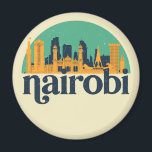 Nairobi Kenya City Skyline Retro Cityscape Art Magneet<br><div class="desc">en retro-stadsplan met prachtige skyline, toeristische attractie en cityscape art. Koelwolkenkrabber en bouwartikelen voor silhouette-illustratie voor toeristen en reizigers. Perfect als souvenir om terug naar huis te brengen wanneer je over de hele wereld reist. Bespaar de herinnering aan uw reis en vakantie met familie en vrienden. De achtergrondkleur kan aan...</div>
