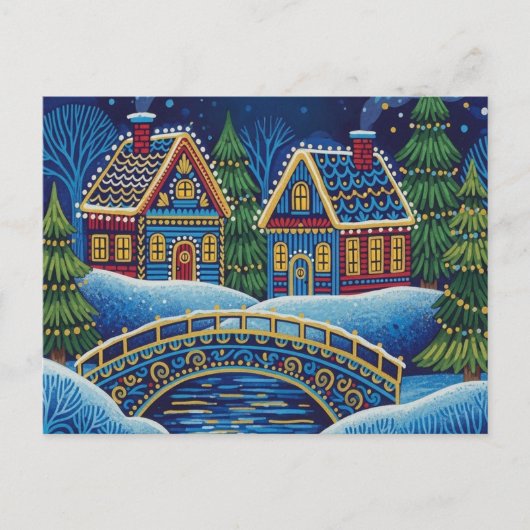 NAIVE ART Christmas snowy scene postcard Briefkaart (Voorkant)