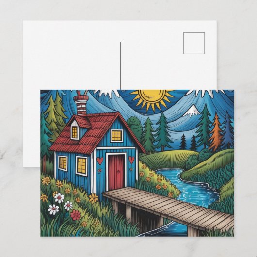 NAIVE Art postcard woodland scene and cabin. Briefkaart (Voorkant / Achterkant)