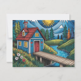 NAIVE Art postcard woodland scene and cabin. Briefkaart