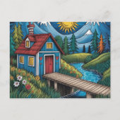 NAIVE Art postcard woodland scene and cabin. Briefkaart (Voorkant)
