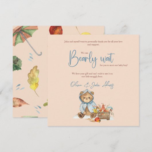 Najaar Beer Baby shower Dank u, Herfst beer Bedankkaart (Voorkant / Achterkant)