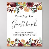 Najaar Bogundy Floral Wedding Guestbook Poster (Voorkant)
