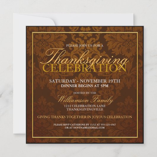 Najaar Damask Thanksgiving Dinner Invitation Kaart (Voorkant)