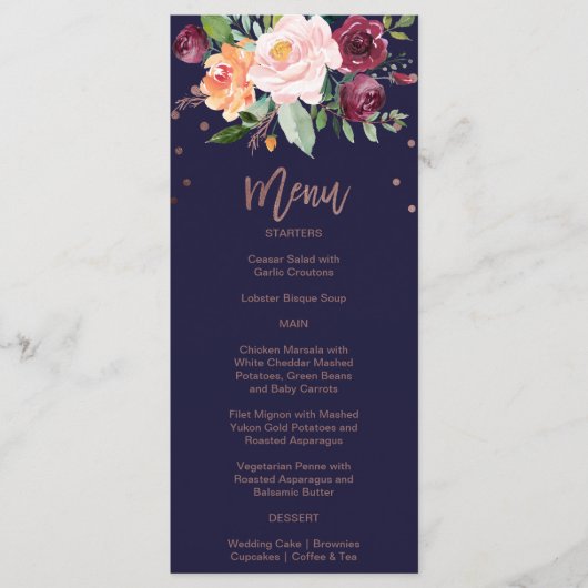 Najaar Floral Roos Gold Dinner Menu Kaart (Voorkant)