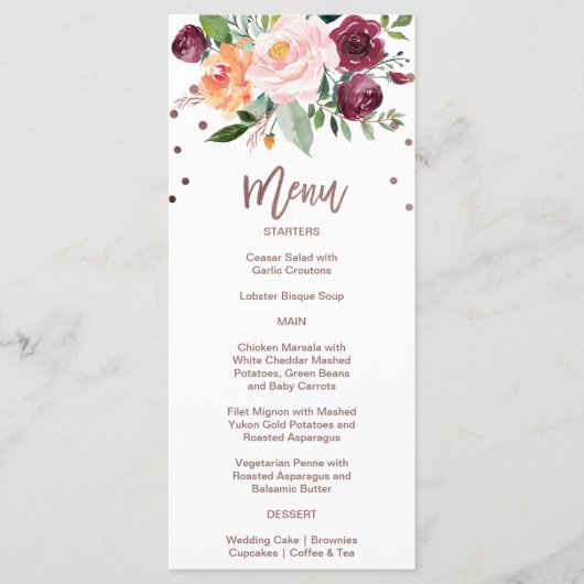Najaar Floral Roos Gold Light Dinner Menu Kaart (Voorkant)