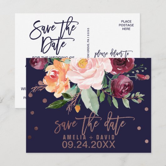 Najaar Floral Roos Gold Save the Date Aankondigingskaart (Voorkant / Achterkant)