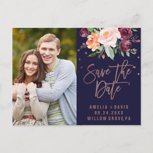 Najaar Floral Roos Gold Save the Date Photo Aankondigingskaart (Voorkant)