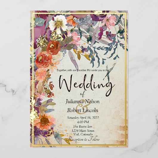 Najaar gemengde waterverf florale bruiloft folie uitnodiging (Voorkant)