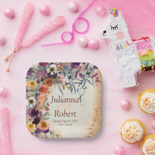 Najaar gemengde waterverf florale bruiloft papieren bordje (Feest)