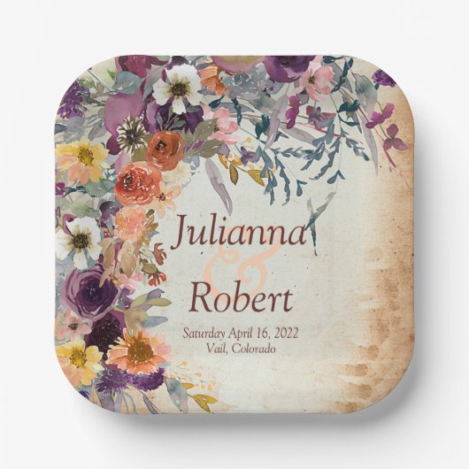Najaar gemengde waterverf florale bruiloft papieren bordje (Voorkant)