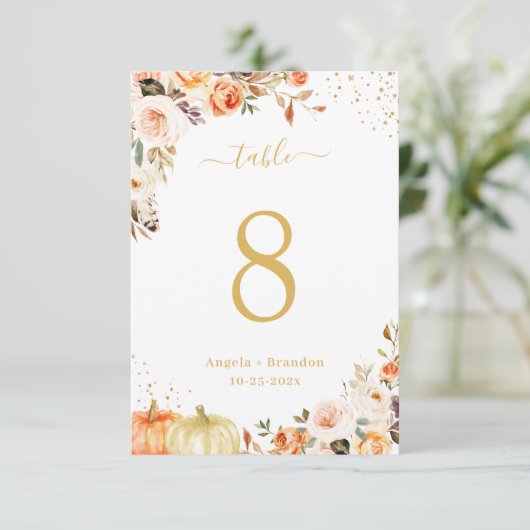 Najaar Gold Glitter Floral Wedding Table Number RSVP Kaartje (Staand voorkant)