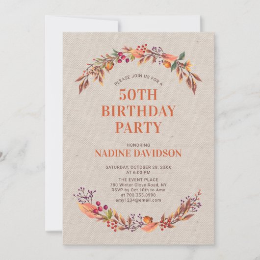 Najaar/Herfst Floral 50th Birthday Party Invitatio Kaart (Voorkant)