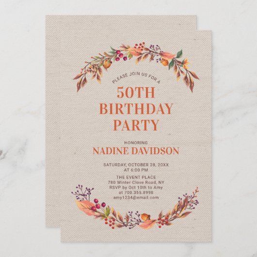 Najaar/Herfst Floral 50th Birthday Party Invitatio Kaart (Voorkant / Achterkant)