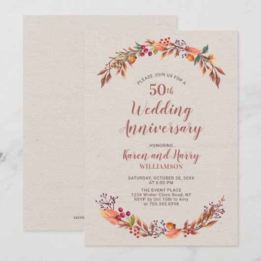 Najaar/Herfst Floral 50th Wedding Jubileum Uitnodi Kaart (Voorkant / Achterkant)