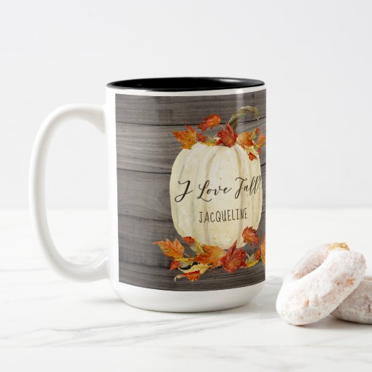 Najaar I houdt van Herfst White Pumpkin Waterverf  Tweekleurige Koffiemok (Met donut)