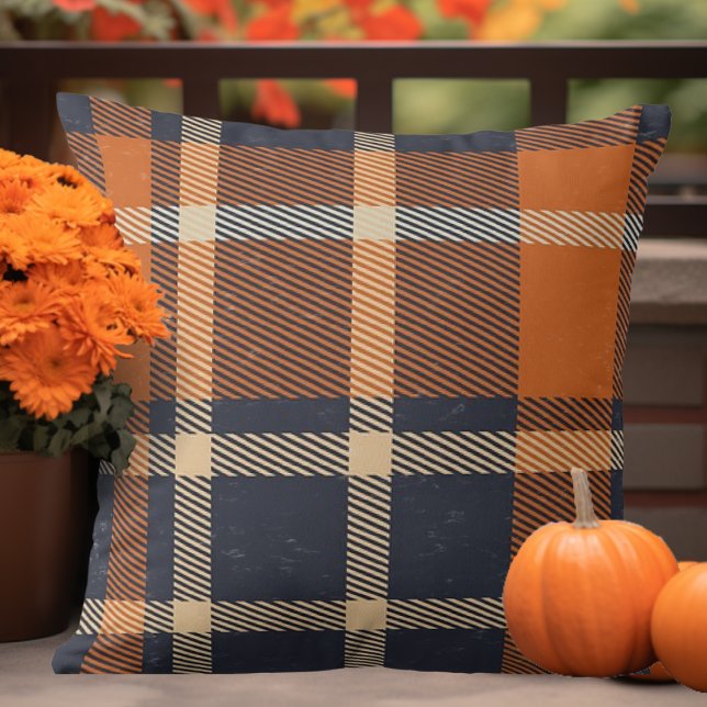 Najaar Oranje en blauw speldenblauw Kussen (Autumn Orange and Blue Plaid Throw Pillow)