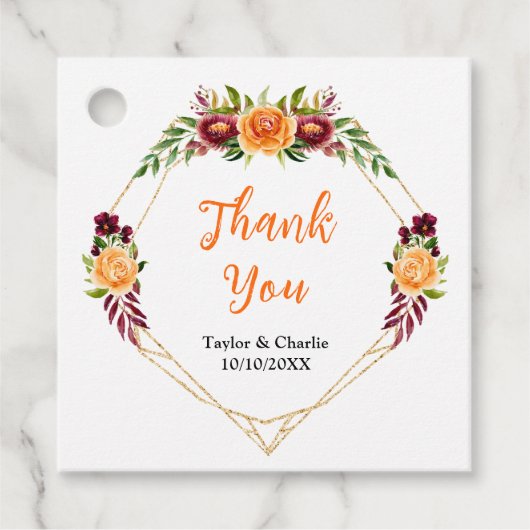 Najaar Oranje Floral Weddenschap met Bourgogne Har Bedankjes Labels (Voorkant)