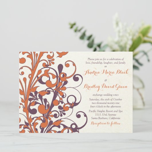 Najaar Paarse Oranje uitnodiging tot huwelijk (Staand voorkant)