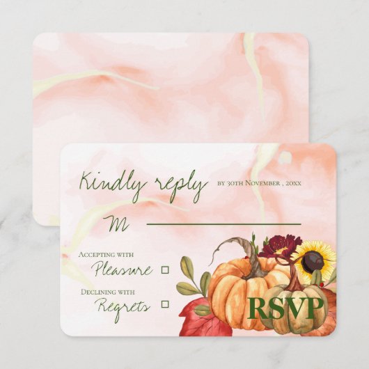Najaar pomkin Sunflower Cute Fall Wedding RSVP Kaartje (Voorkant / Achterkant)