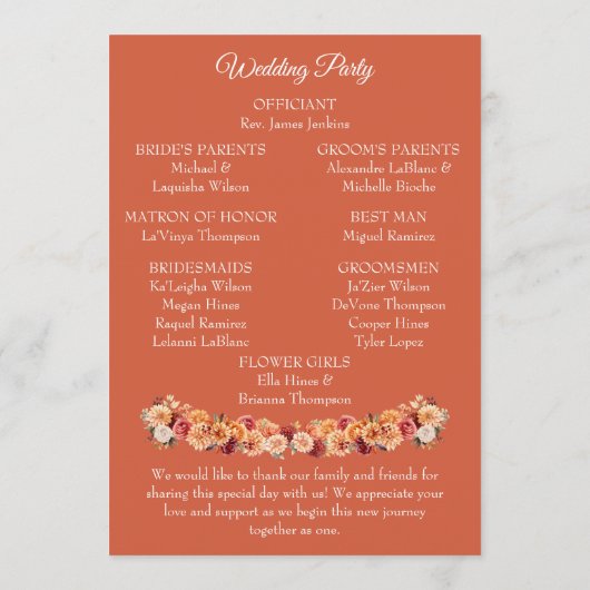 Najaar programma Floral Wedding Programmakaart (Achterkant)