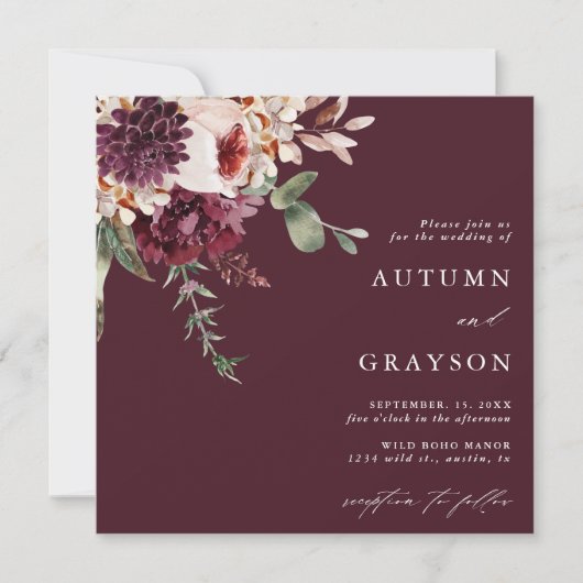 Najaar Romance Burgundy Waterverf Wedding Square Kaart (Voorkant)